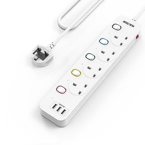 Mscien 4M Extension Lead with USB Slots, 4 Way 3 USB Extension Socket with Individual Switches Mountable Power Strips with 4 Meters Extension cable 3250W