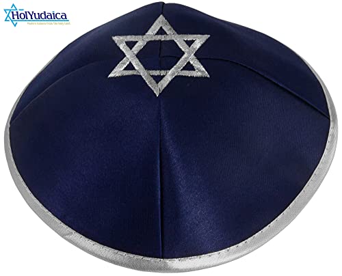 Image of Pack of 10-Pcs Hq 20cm Satin Kippah with Silver /Gold String+Star of David for Men & Boys, Yamaka Hat from Israel, Kippot Bulk (Blue Silver)