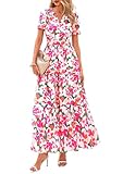 PRETTYGARDEN Women's 2026 Summer Boho Maxi Dresses Floral Short Sleeve V Neck A Line Tiered Flowy Long Beach Vacation Dress (Green Pink Floral,Small)