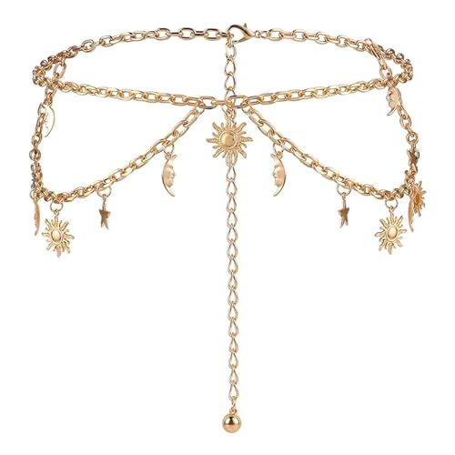 SSKHE Damen Metallgürtel, doppellagiger Sonnen-Mond-Stern-Stil, verstellbarer Metall-Taillengürtel für Hosen, Kleid, Mantel, Einheitsgröße, Gold