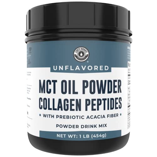 MCT Oil Powder with Acacia Fiber & Collagen Peptides – Prebiotic Collagen Protein, 10g MCTs from Coconuts, Sugar Free Keto Coffee Creamer – Grass Fed, Unflavored, Non-GMO, Gluten Free, 16 oz