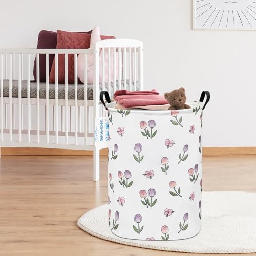 Image of Laundry Basket Canvas Fabric Collapsible Organizer Basket for Storage Bin Toy Bins Gift Baskets Bedroom Clothes Children Nursery Hamper (Tulip)
