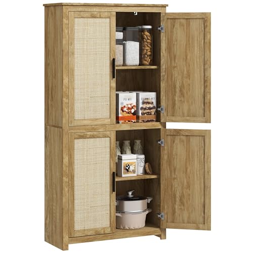 HOMCOM Alacena de Cocina, Mueble Auxiliar de Cocina Alta, con 4 Puertas de Ratán y Estantes Ajustables, Estilo Bohemio, Natural, 80x33x162,6 cm