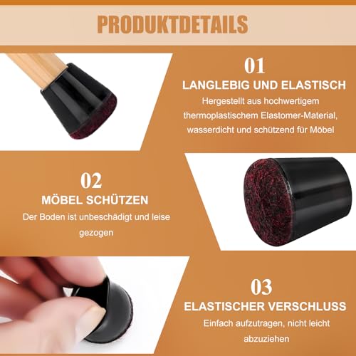 Lot de 24 embouts de protection en silicone avec coussinets en feutre - Pour pieds de chaise ronds (diamètre 14-23 mm) - Pour moins de bruit - Antidérapants - Noir – vue 3