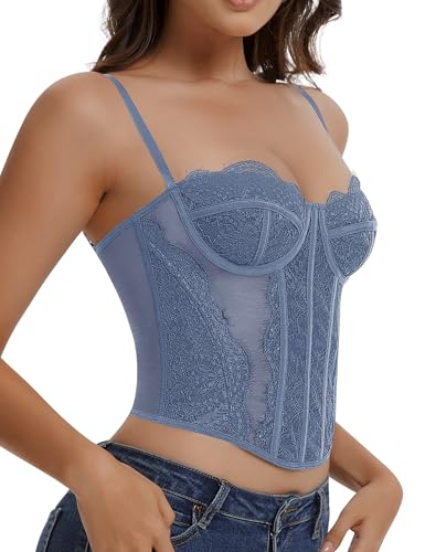 Image of Lace Corset Tops for Women Sexy Going Out Bustier Top Sleeveless Adjustable Straps Crop Tops with Back Hooks