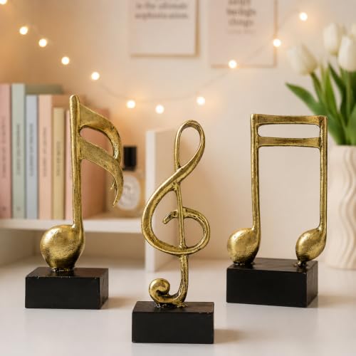 Image of Gold Finish Musical Notes Statues | Beautiful Home Decor | (Pack of 3, Golden & Black)