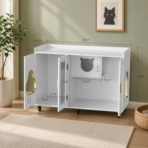 Image of White Large Hidden Cat Litter Box Enclosure, Modern Cat Litter Box Furniture with Glass Doors, Partitioned Cat House End Table for Indoor Cats, Fits Most Standard Litter Boxes