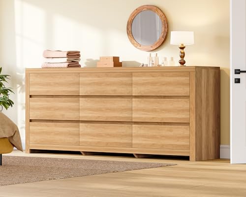 Image of TEENFON 63 inch Dresser for Bedroom with 9 Drawers, Modern Dressers & Chests of Drawers with Metal Handles, Wooden Dresser TV Stand, Bedroom Dressers, for Bedroom, Hallway, Natural