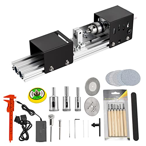 Mini Lathe Beads Polisher Machine 12V-24VDC 96W DIY C-N-C Wood Lathe Milling machine for Table Woodworking Wood DIY Tool Lathe Standard Set (Black)