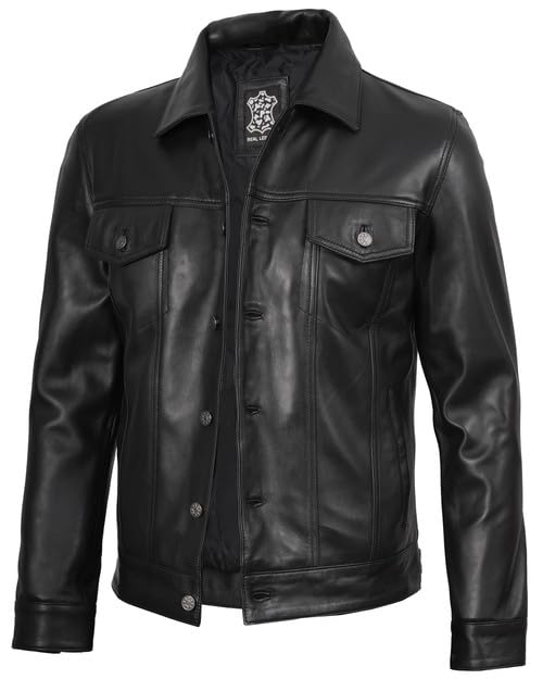 Trucker Leather Jacket Men - Vintage Style Real Lambskin Leather Jackets for Men with Button Closure