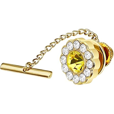 AMITER Mens Crystal Tie Tack Round Tie Pin with Chain Gold Tone Tie Pin in Gift Box Wedding Birthday Anniversary Party, Metal Cover