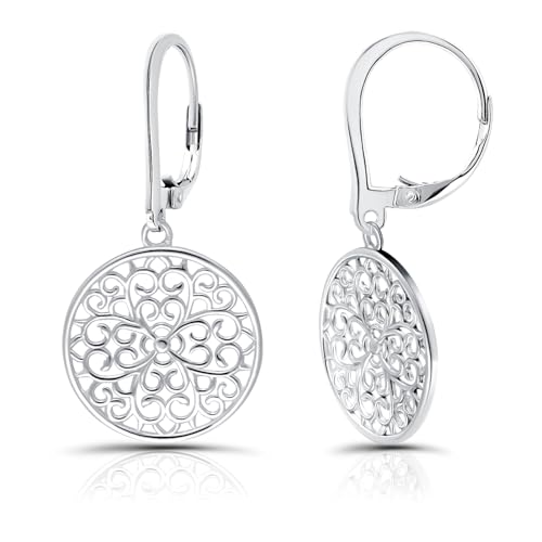Hoops & Loops 925 Sterling Silver 21mm Medallion Filigree Floral Daisy Flower Design Leverback Earrings, Silver
