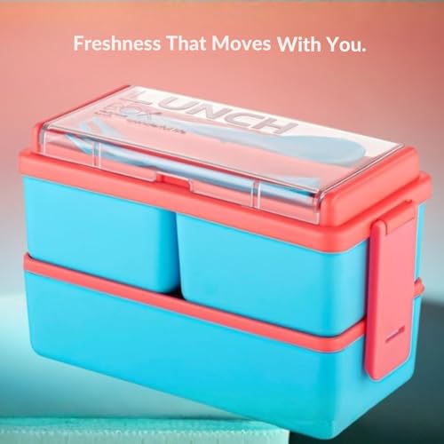 Image of 3 Section Lunch Box with Small Spoon & Fork - Leak Resistant Compartment Meal Box for Kids & Adults, Reusable Food Storage Container for School, Office & Travel (Sky Blue & Pink)