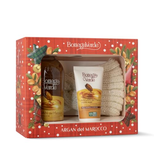 Bottega Verde - Cofanetto Regalo Argan, con Bagnodoccia 400 ml, Crema Mani 75 ml e Fascia in Maglia, Glam e Nutriente, Idea Regalo Invernale