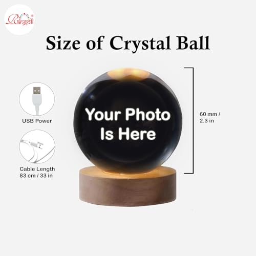 Image of Rangoli Crystal Photo Ball (60mm) - Custom Engraved Glass Picture, LED Light Base Option - Unique Gift for Birthday,Wedding, Anniversary, Couples,Memorial, and Special Occasions. P-6