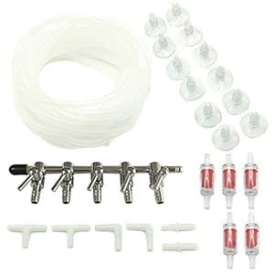 PietyPet Valvula de Acero Inoxidable de 5 Grifos con 5m Tubo de línea aérea estándar, 12 Clips de Ventosa, 5 Válvula de Retención y 6 Conectores