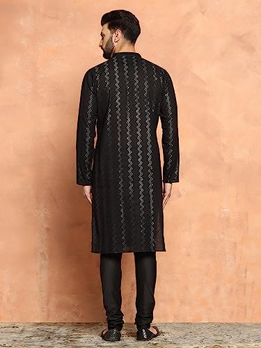 Image of KISAH Men Black Kurta, Cotton, Full Sleaves, Knee Length, Straight, Regular Fit, Mandarin Collar Ethnic Wear, 40