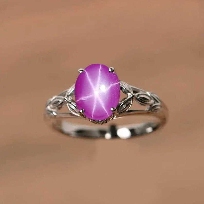 Handcrafted Elegant 925 Sterling Silver Ring with Six-Ray Star Pink Ruby Oval Cut Gemstone Jewelry Gift for Women, Perfect for Birthdays, Anniversaries, Celebrations, or Special Occasions