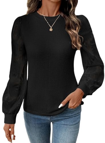 Image of BLENCOT Womens Casual Crochet Top Mesh Lace Long Sleeve Shirts Waffle Knit Blouse Crewneck Shirt Fall Womens Tops Pullover