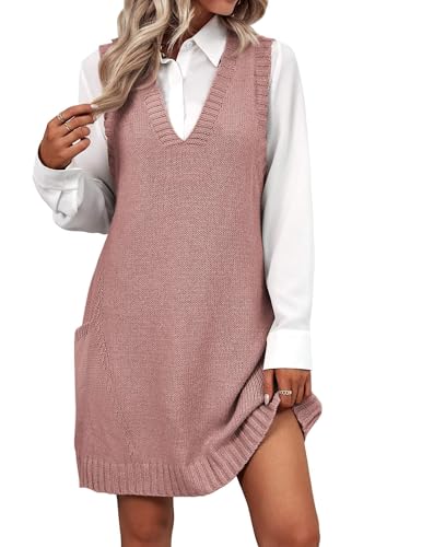 Image of Zeagoo Womens Sweater Vest Dress Pattern Knitted Pullovers Sweaters V Neck Tank Sweater Dress with Pockets