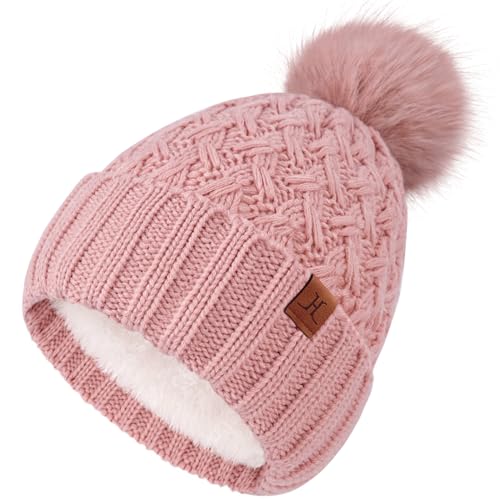 Bequemer Laden Gorro Térmico de Invierno para Mujer - Cable Grueso, Fleece Cómodo con Pompon, Regalo Ideal para Mujer