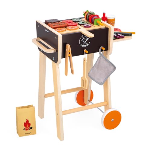 Janod - J06619 Wooden Barbecue - Imitation Kitchen and Dinette Toy for Children - 57 Accessories Included - 2 Silent Wheels - Ages 3 and Above