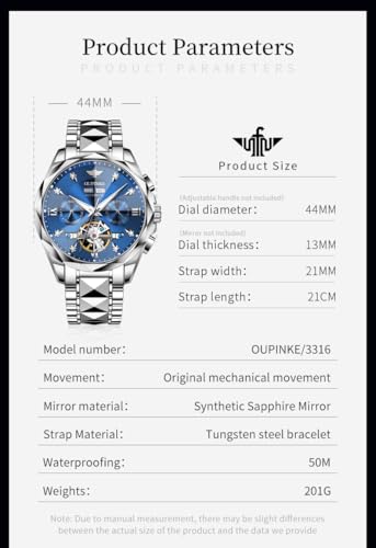 Image of OUPINKE Men's Watches Automatic Self-Winding Luxury Diamond Mirror Skeleton Mechanical Watch Date Dress Business Tungsten Steel Waterproof Luminous Wrist Watches for Men