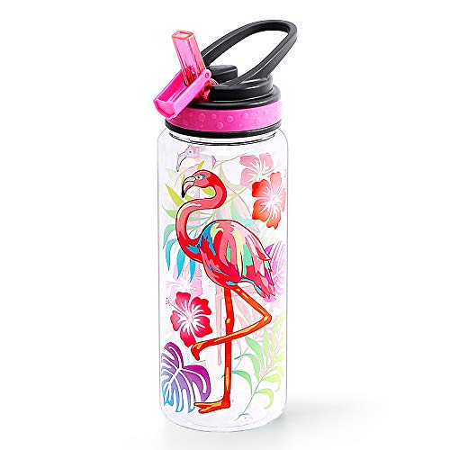 HomTune Cute Water Bottle with Straw for School Kids Girls, BPA FREE Tritan & Leak Proof & Easy Clean & Carry Handle,23oz/ 680ml-Flamingo