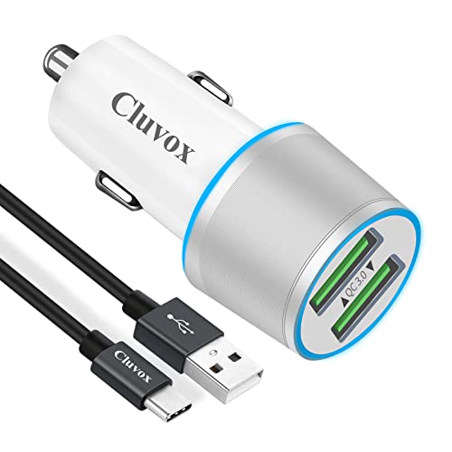Rapid USB C Car Charger, Compatible for Samsung Galaxy S23/S22/S21/Note 20/Ultra/10/Plus/9/8/S20/S10/S10e/S9/S8/A50/A70, Quick Charge 3.0 Dual USB 18W Fast Car Charger+ Type C Cable 3.3ft-Silver White