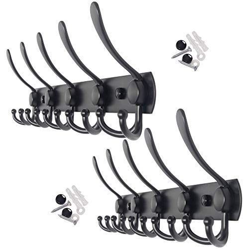 WEBI Coat Rack Wall Mount,5 Tri Hooks for Hanging,Coat Hooks Wall Mount,Hook Rack Rail,Coat Hanger Wall for Jacket,Clothes,Hats,Black,2 Packs