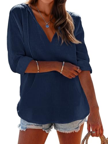 Camisa de playa Ebifin azul marino holgada con capucha protectora y cuello en V 2