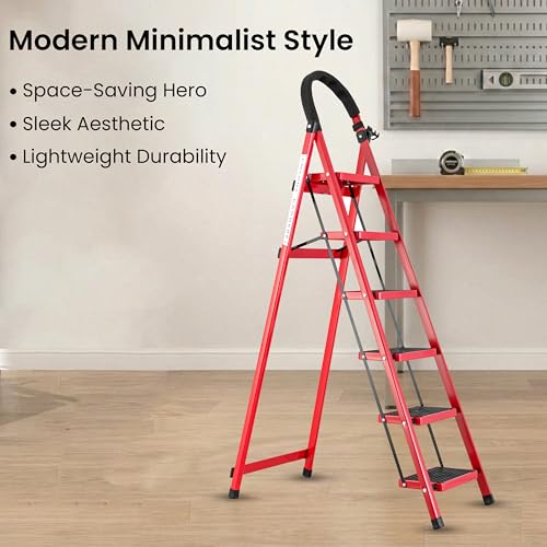 Image of Red 6 Step Ladder for Home Use with Built-in Tool Tray | Heavy Duty D Shape Rods | Ultra Large Platform | Wide Rubber Feet | 150Kg Capacity Foldable Ladder - 7 Years Warranty