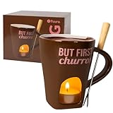 Fisura – Taza fondue chocolate original. Fondue de queso con taza y tenedor. Taza marrón con mensaje “but first churros” para fondue. Taza original para regalo. 140 mililitros