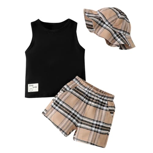 LUVCES - LUVCES Ensemble Vêtements d'été pour Bébé Garçon Débardeur sans Manches Blocs de Couleurs T-Shirt+ Casual Short avec Poches Tout-Petits Tenues 3Pcs Plaid Noir 12-18 Mois - -13%