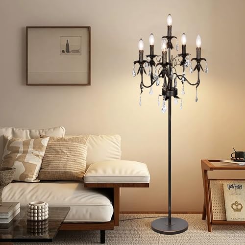 Obihivlo 6-Light Black & Gold Crystal Floor Lamp, 65' Antique Chandelier Floor Lamp with Foot...