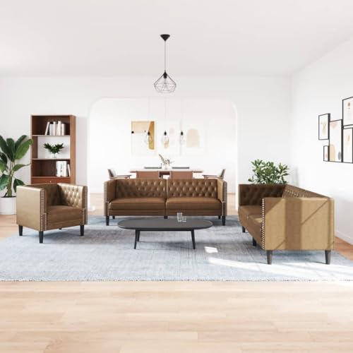 LoogCape 3-TLG. Chesterfield-Sofa-Set, Braun Kunstleder Wildleder-Optik, Wohnzimmer Couchgarnitur mit Sessel, 2er- & 3er-Sofa, Robustes Massivholzgestell – Bild 3