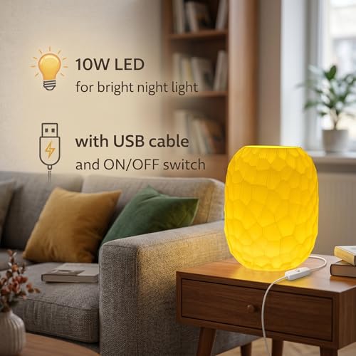 Image of Modern Table Lamp with Warm Yellow 10W LED - Ambient Night Light for Bedroom, Living Room, Desk & Home Decor | Eco-Friendly Warm Glow Lamp | USB Powered (Geometric Pattern)