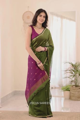Image of ZECVA Women's Pure Soft Spun Cotton Lichi Silk Saree For Women With Attach Unstitch Blouse Piece