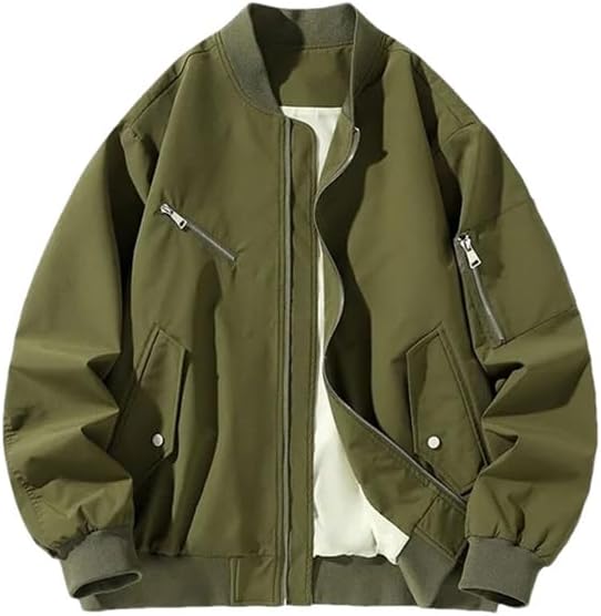 Men's Casual Long Sleeve Jacket Loose Fit Outerwear Stand Collar Baseball Zipper Long Sleeve Jacket