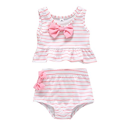 Baby Girl Bikini Striped Beach Swimsuit Ruffles Bathing Suit Adjustable Swimwear 2 Pcs Set (6-9 Months, Pink)