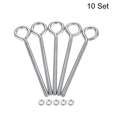Image of uxcell M6x90mm Eye Hooks Screws Bolts Kit, 10pcs Carbon Steel Hanger Eyelet Hooks Screw with Hex Nuts for Metal Hook, Wood Terminal Ring Hooks