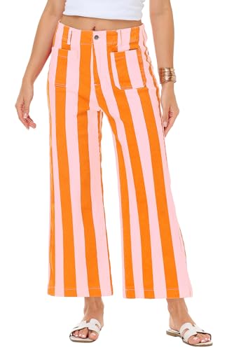 Magrank Womens Vertical Pink Orange Jeans Cropped Summer Striped Pants Casual Street Denim Trouser M