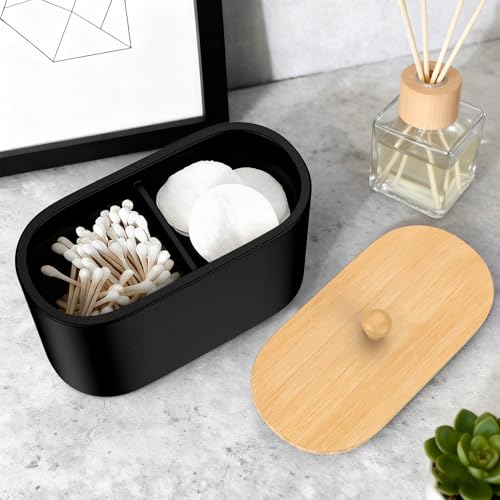 Image of Cotton Swab Holder,Round Cotton Pads Balls Qtip Holder Dispenser with Lid, 2 Compartments Qtips Holder, Tampoms Period Box Bathroom Organizers Storage Bin Floss Dispenser Vanity Cosmetics, Black