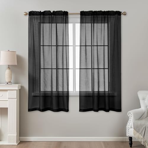 Image of Black Sheer Curtains 63 Inch Length, Privacy Semi Sheer Curtains for Living Room Bedroom, Light Filtering Rod Pocket Voile Window Drapes 2 Panels Set, Each 42 inch W x 63 inch L