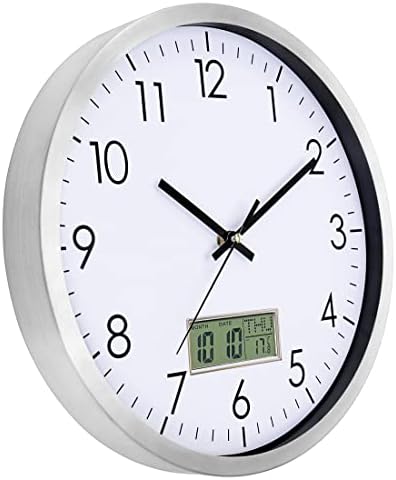 Foxtop Digital Wall Clock with Temperature Date LED Display Large Number Non-ticking Quartz Modern Decorative Metal Clock for Kitchen Living Room Bedroom Bathroom School Office Home (Aluminum frame)
