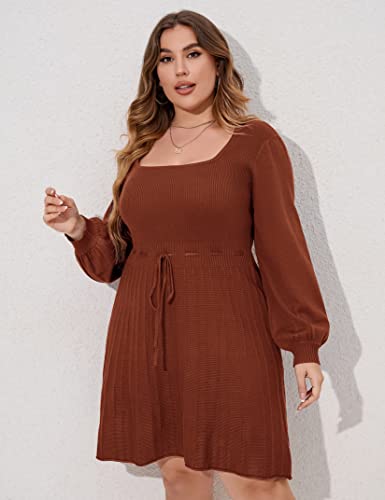 Image of Women's Plus Size Casual Sweater Dress Square Neck Long Lantern Sleeve Tie Waist Loose Pullover Sweater Dresses