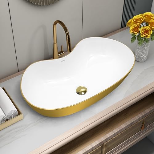 Image of Plantex Ceramic Wash Basin for Bathroom /Table Top Washbasin /Designer Countertop Basin for Bathroom /Restaurants /Hotel (White&Gold - 24.5 x 13 x 5.5 Inch)