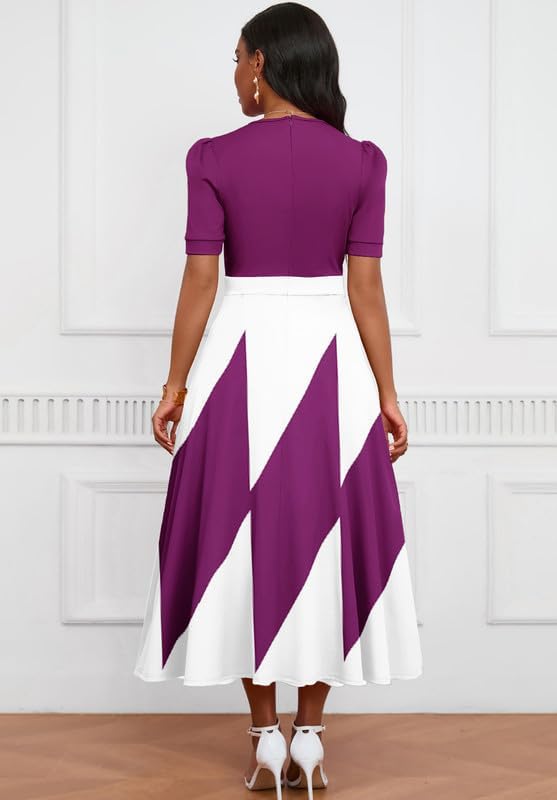 Image of MarryUP Women's Midi Dresses - V Neck Cocktail & Church Tea Dresses - Short Sleeve A-Line Swing Dress