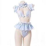 Jilneed Lolita Cute Maid Lingerie Set for Women for Sex Anime Cosplay Costume Lace Bikini Outfit (Blue, Medium)