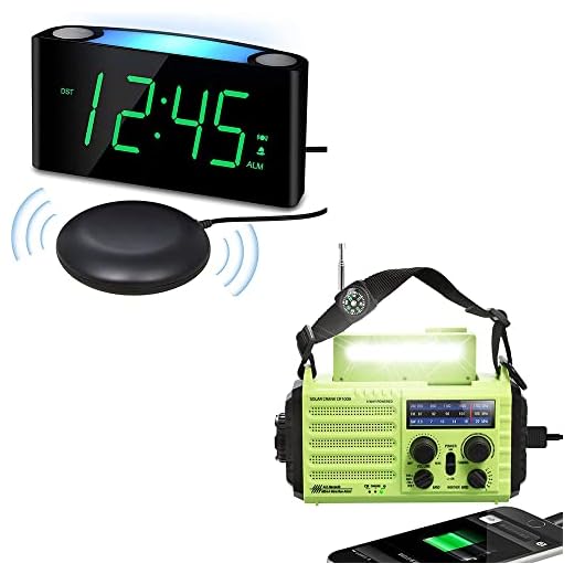 5-Way Powered Portable Emergency Solar Hand Crank AM/FM/SW/NOAA Weather Alert Radio + Vibrating Loud Alarm Clock with Bed Shaker